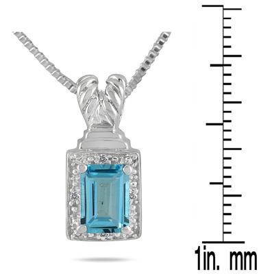 1.25 Carat Emerald Cut Blue Topaz and Diamond Pendant in .925 Sterling Silver 
