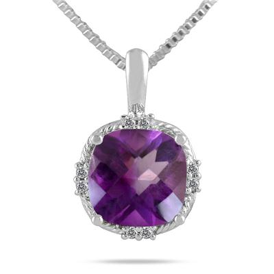 3.50 Carat Cushion Cut Amethyst and Diamond Antique Pendant in .925 Sterling Silver