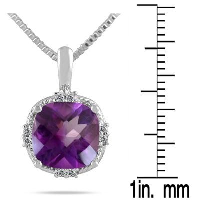 3.50 Carat Cushion Cut Amethyst and Diamond Antique Pendant in .925 Sterling Silver