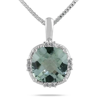 4.00 Carat Cushion Cut Green Amethyst and Diamond Antique Pendant in .925 Sterling Silver