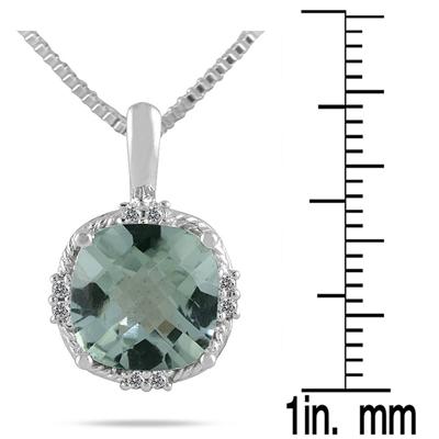 4.00 Carat Cushion Cut Green Amethyst and Diamond Antique Pendant in .925 Sterling Silver