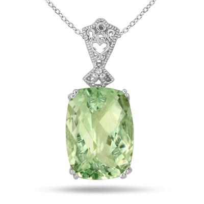 10 Carat Cushion Cut Green Amethyst and Diamond Heart Engraved Pendant in .925 Sterling Silver
