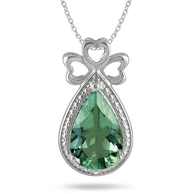 3.00 Carat All Natural Pear Shape Green Amethyst and Diamond Heart Pendant in .925 Sterling Silver