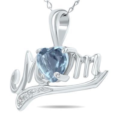 Aquamarine and Diamond MOM Pendant 10K White Gold