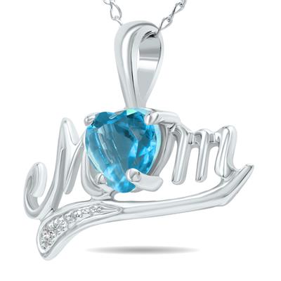 Blue Topaz and Diamond MOM Pendant 10K White Gold