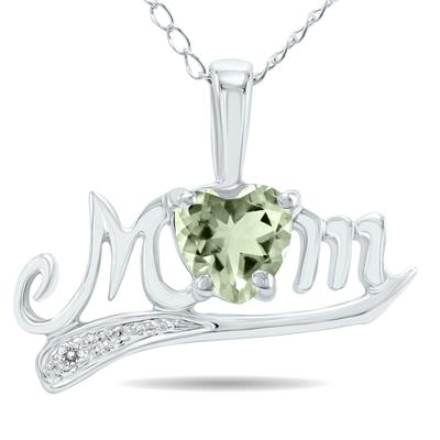 Green Amethyst and Diamond MOM Pendant 10k White Gold