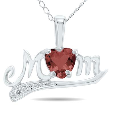 Garnet and Diamond MOM Pendant in 10k White Gold