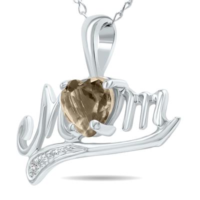 Smokey Quartz and Diamond MOM Pendant 10K White Gold