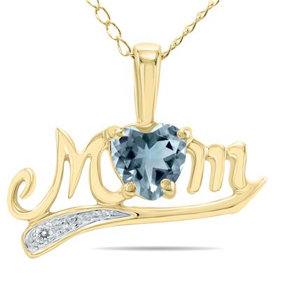 Aquamarine and Diamond MOM Pendant in 10K Yellow Gold