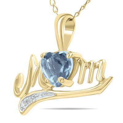 Aquamarine and Diamond MOM Pendant in 10K Yellow Gold