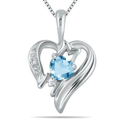 Blue Topaz and Diamond Heart MOM Pendant in 10K White Gold