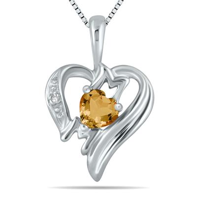 Citrine and Diamond Heart MOM Pendant in 10K White Gold