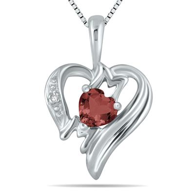 Garnet and Diamond Heart MOM Pendant in 10K White Gold