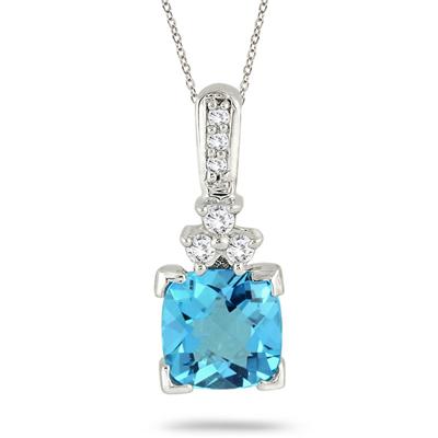 2.25 Carat Blue Topaz and Diamond Pendant 14k White Gold