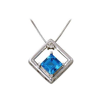 Blue Topaz and Diamond Pendant in White Gold