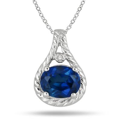 3 Carat Oval Cut Created Sapphire and Diamond Pendant in .925 Sterling Silver