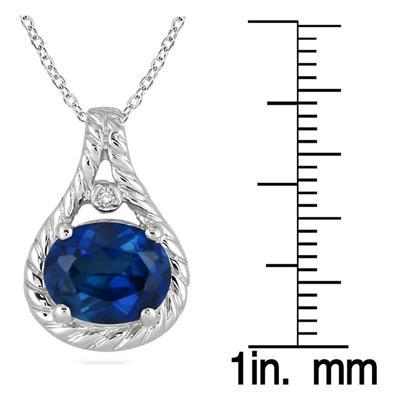 3 Carat Oval Cut Created Sapphire and Diamond Pendant in .925 Sterling Silver