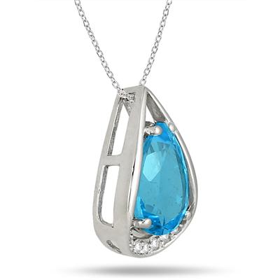 3.75 Carat Pear Shaped Blue Topaz and Diamond Teardrop Pendant in .925 Sterling Silver