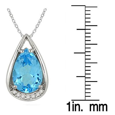 3.75 Carat Pear Shaped Blue Topaz and Diamond Teardrop Pendant in .925 Sterling Silver