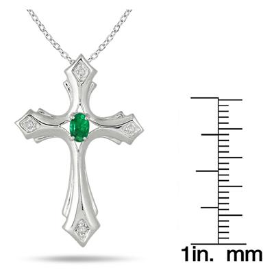 Emerald and Diamond Cross Pendant in .925 Sterling Silver