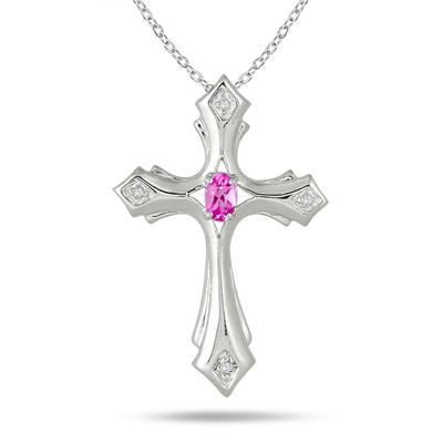 Pink Sapphire and Diamond Cross Pendant in .925 Sterling Silver