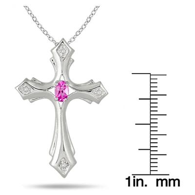 Pink Sapphire and Diamond Cross Pendant in .925 Sterling Silver