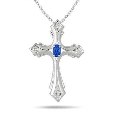 Sapphire and Diamond Cross Pendant in .925 Sterling Silver