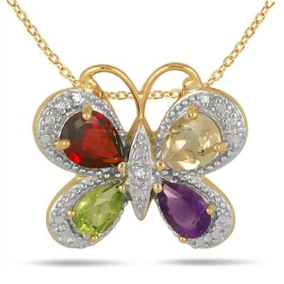 2.50 Carat Multicolor Gem and Diamond Butterfly Pendant in 18K Gold Plated Sterling Silver