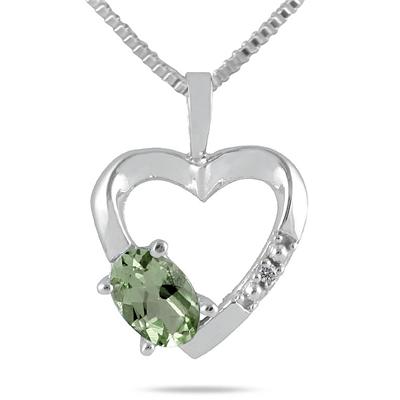 Green Amethyst and Diamond Heart Pendant in 10kt White Gold