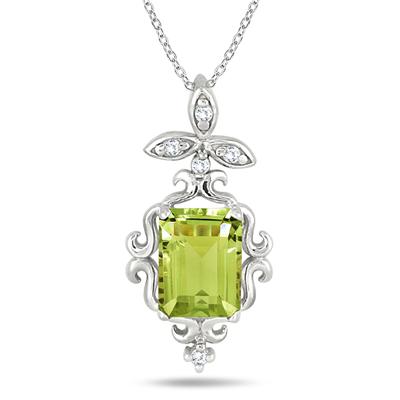 1.75 Carat Emerald Cut Peridot and Diamond Estate Styled Pendant in .925 Sterling Silver