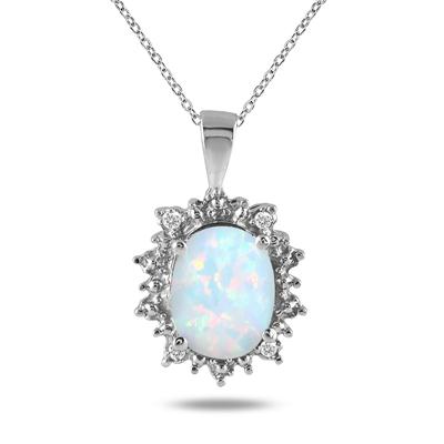 7x5 MM Created Opal and Genuine Diamond Pendant in .925 Sterling Silver