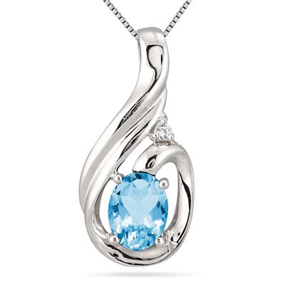 Oval Shape Blue Topaz and Diamond Pendant in .925 Sterling Silver