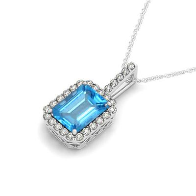 2 1/2 Carat Blue Topaz and Diamond Halo Pendant in 14K White Gold