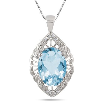 7.00 Carat Oval Shaped Blue Topaz and Diamond Pendant in .925 Sterling ...