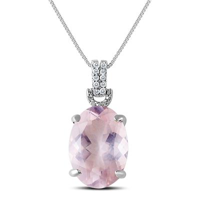Genuine Pink Quartz and Diamond Pendant in .925 Sterling Silver