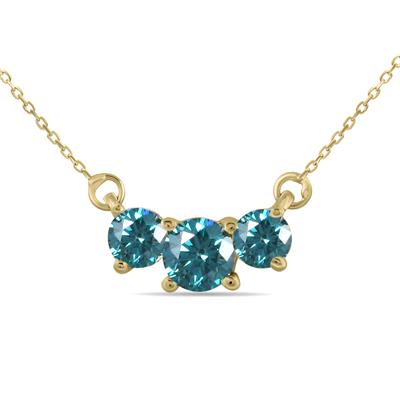 1 CTW Natural Blue Diamond Three Stone Pendant Necklace in 14K Yellow Gold