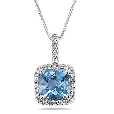 Cushion Cut Blue Topaz and Diamond Pendant in 10K White Gold