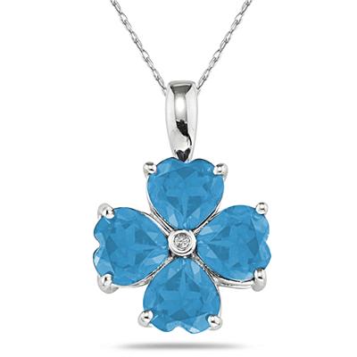14k White Gold Diamond and Blue Topaz Heart Flower Pendant