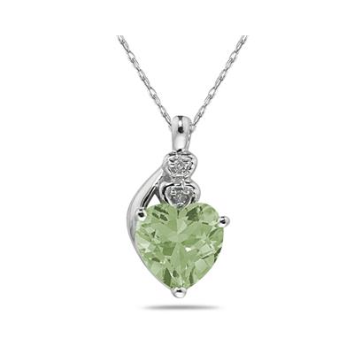 Green Amethyst & Diamond Heart Pendant in White Gold