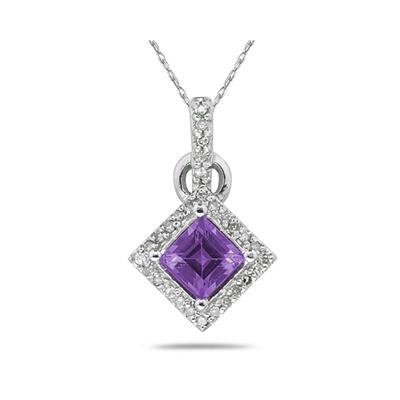 Princess Cut Amethyst & Diamond Pendant in 14K White Gold