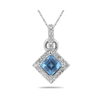 Princess Cut Blue Topaz & Diamond Pendant in 14K White Gold