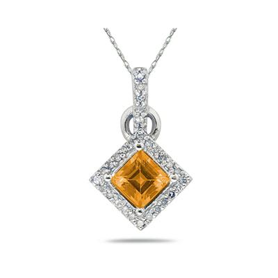 Princess Cut Citrine  & Diamond Pendant in 14K White Gold