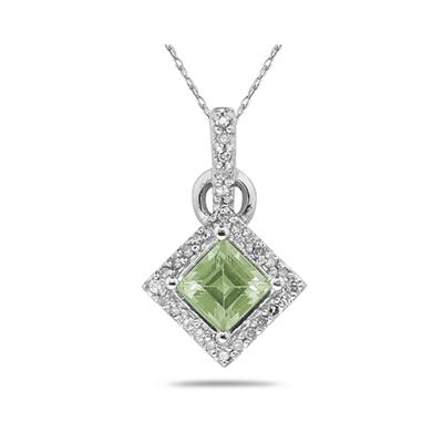 Princess Cut Green Amethyst & Diamond Pendant in 14K White Gold