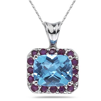 Blue Topaz & Ruby Pendant in 14K White Gold