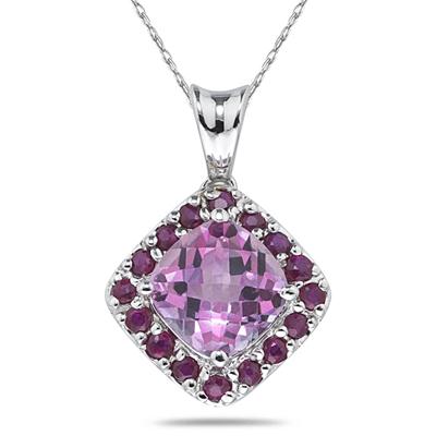 Pink Topaz and Ruby Pendant in 14K White Gold