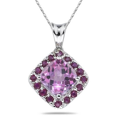 Pink Topaz and Ruby Pendant in 14K White Gold