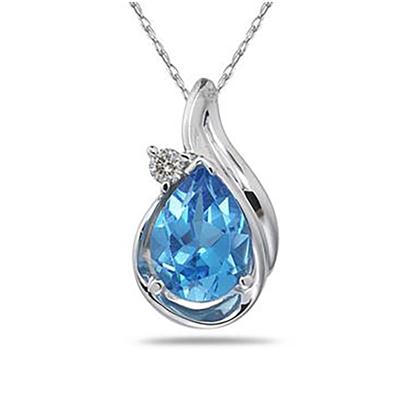 Pear Shaped Blue Topaz and Diamonds Raindrop Pendant in White Gold