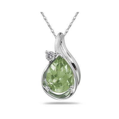 Pear Shaped Green  Amethyst  and Diamonds Raindrop Pendant in White Gold