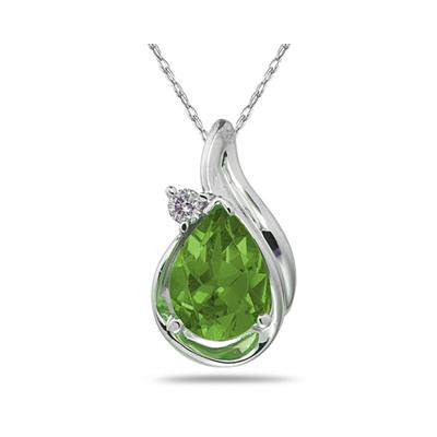 Pear Shaped Peridot and Diamonds Raindrop Pendant in White Gold