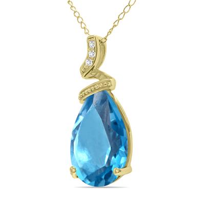 5 Carat Pear Shaped Blue Topaz & Diamond Pendant in 10K Yellow Gold